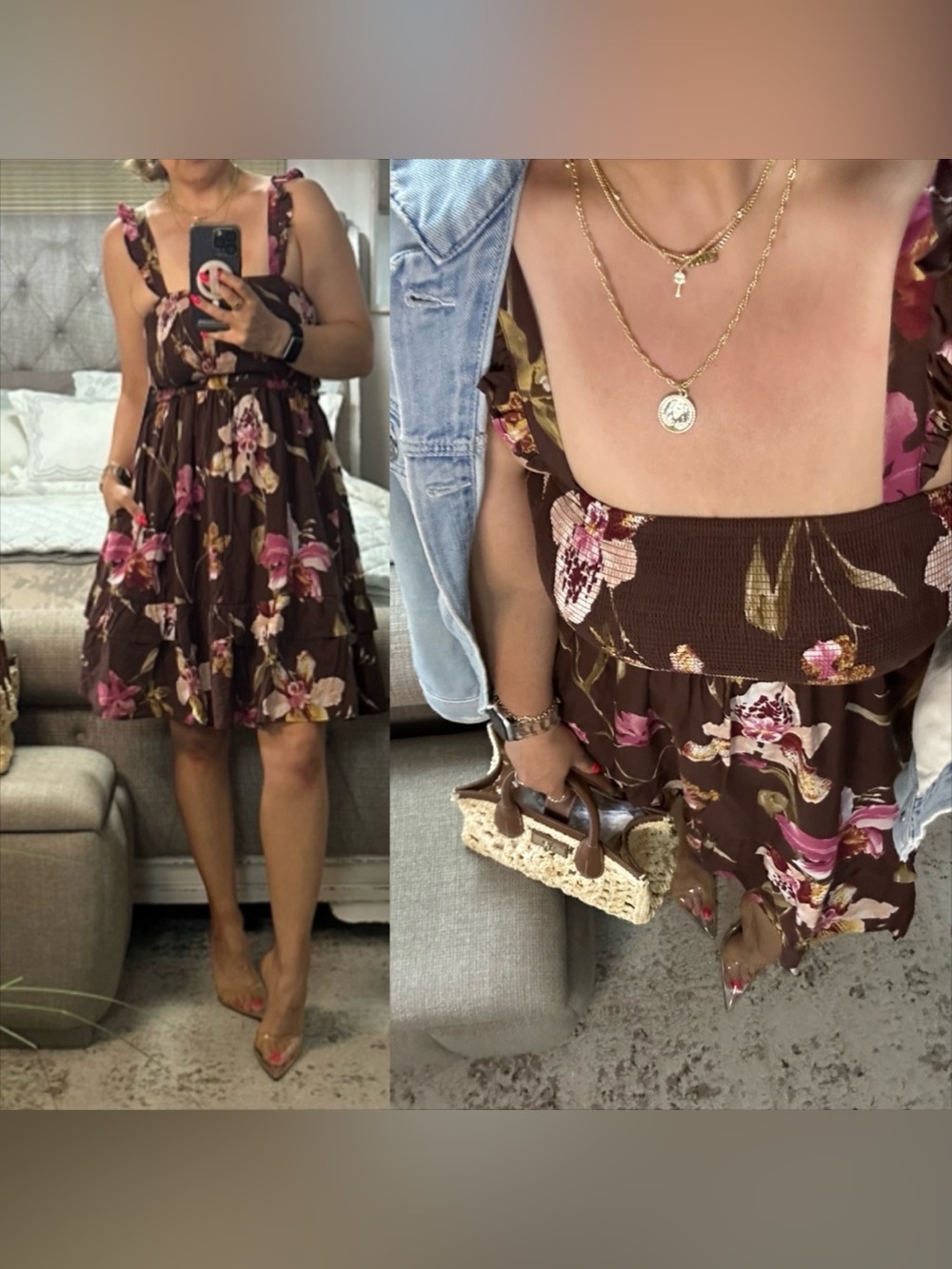 New🩷 Chocolate Brown Floral Smocked Tiered Sundress Cottagecore Boho Chic
